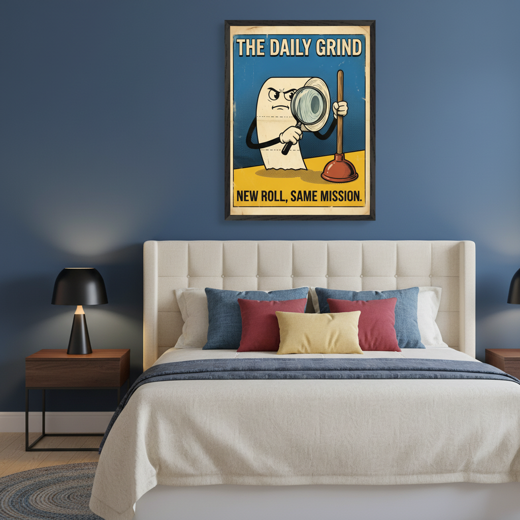 Modern bedroom with a beige upholstered bed against a dark blue wall. A framed retro-style poster titled "THE DAILY GRIND" showing an angry toilet paper roll with a magnifying glass and plunger hangs centered above the bed. Text reads "NEW ROLL, SAME MISSION".