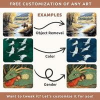 The image is a collage of six images, each depicting a different scene. The first image shows a person riding a horse, the second image depicts a river, the third image features a group of swans, the fourth image shows a dragon, the fifth image shows a person holding a child, and the sixth image shows a person holding a child. The image is described as "free customization of any art" and "color", suggesting that the viewer has the ability to change the color of the images.