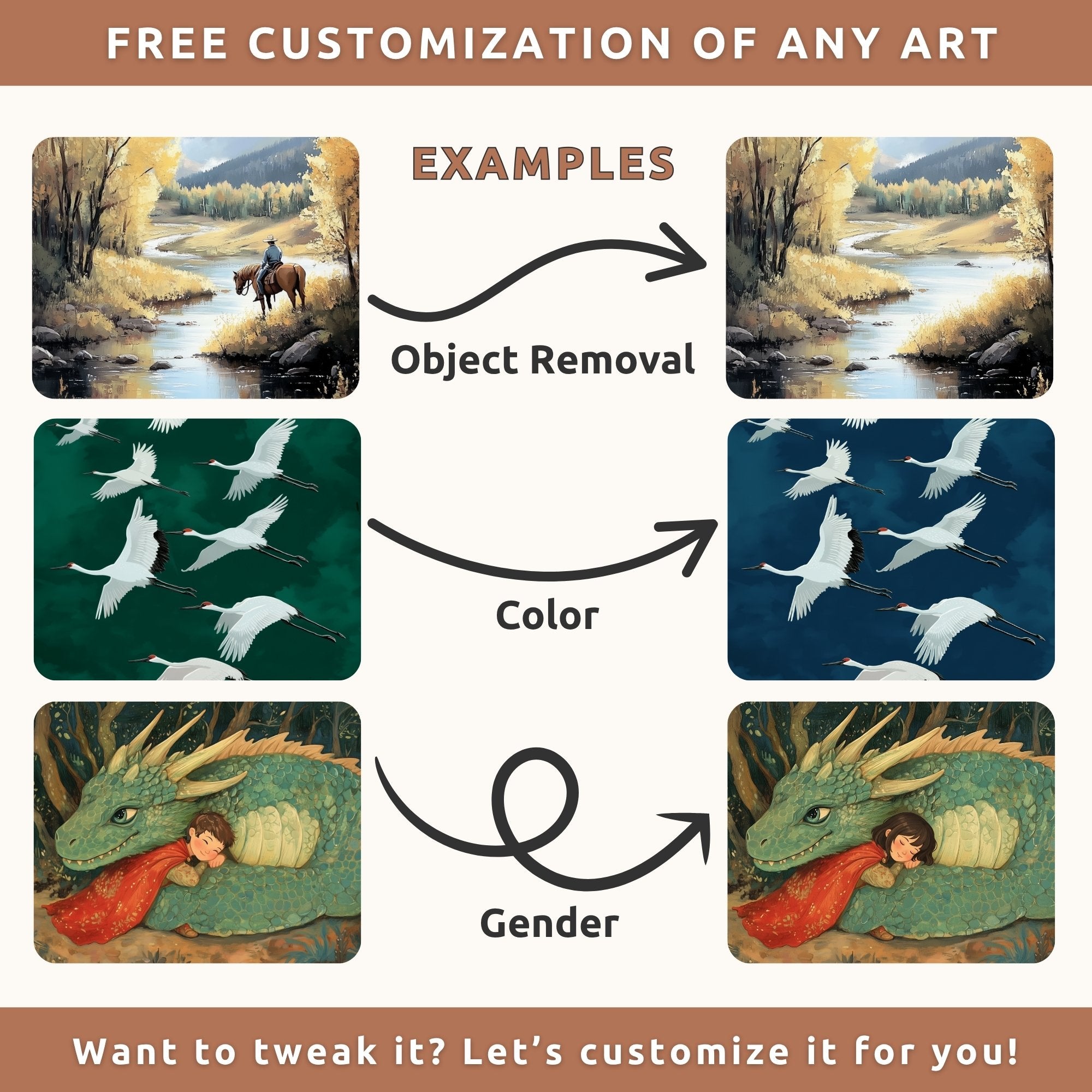 The image is a collage of six images, each depicting a different scene. The first image shows a person riding a horse, the second image depicts a river, the third image features a group of swans, the fourth image shows a dragon, the fifth image shows a person holding a child, and the sixth image shows a person holding a child. The image is described as "free customization of any art" and "color", suggesting that the viewer has the ability to change the color of the images.