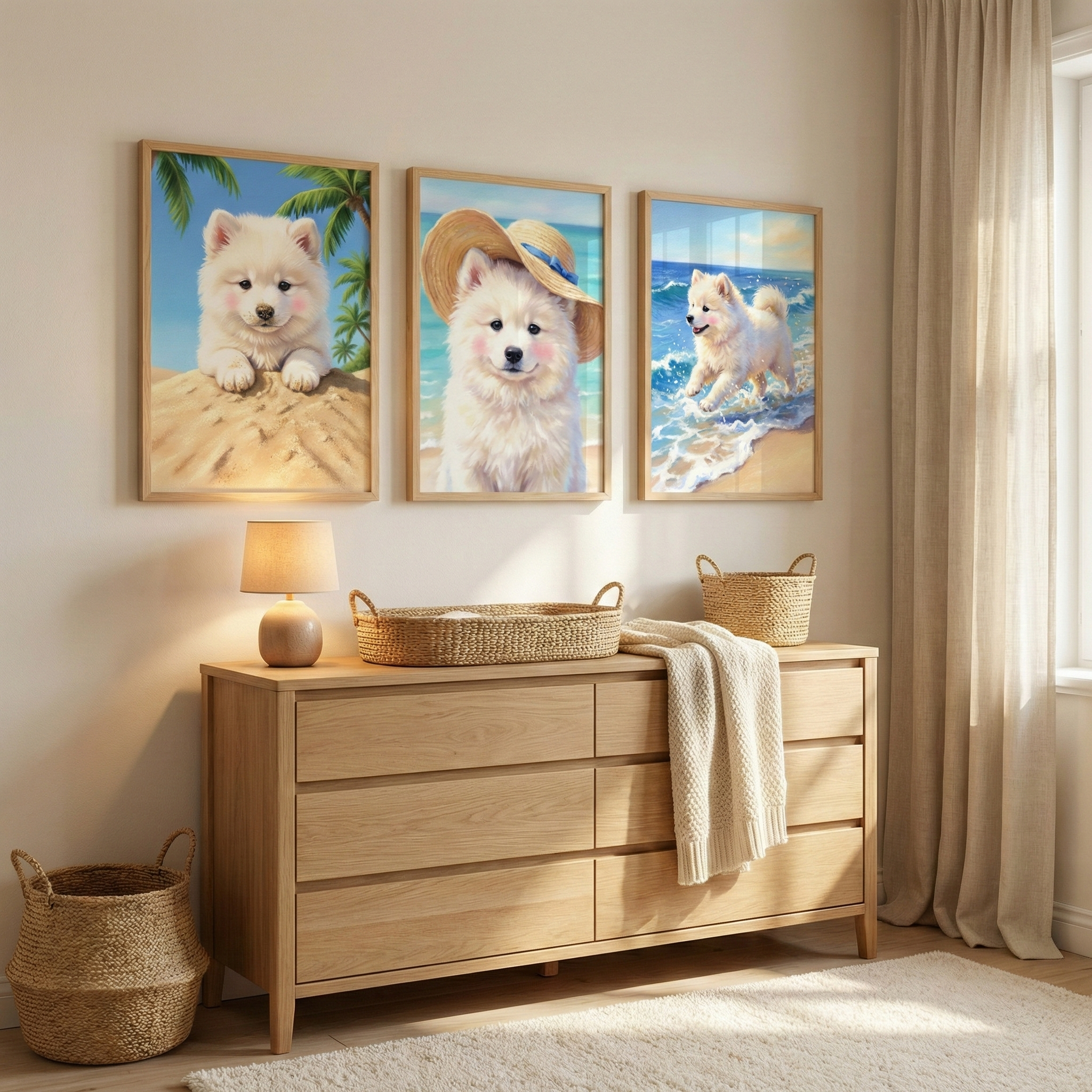 Three vertical, wood-framed illustrations are arranged in a row on a light-colored wall. Each picture features a small, fluffy white dog in a coastal setting. The first shows the pup sitting on a sand dune with tropical palm trees in the background. The center image displays the dog wearing a wide-brimmed straw hat adorned with a blue ribbon. The third illustration depicts the puppy splashing through shallow ocean waves on a sunny beach.

