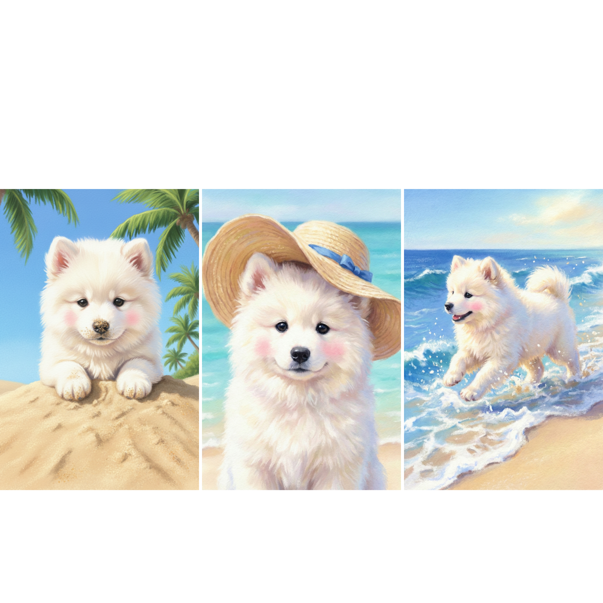 A soft pastel wall art illustration of a fluffy white puppy playing on a sunny beach with palm trees and turquoise ocean waves in the background. The puppy explores the sand, splashes in the water, relaxes in a hammock, and floats on a pink swim ring. This cheerful coastal artwork adds a playful and calming beach vibe to a kids room or nursery.
