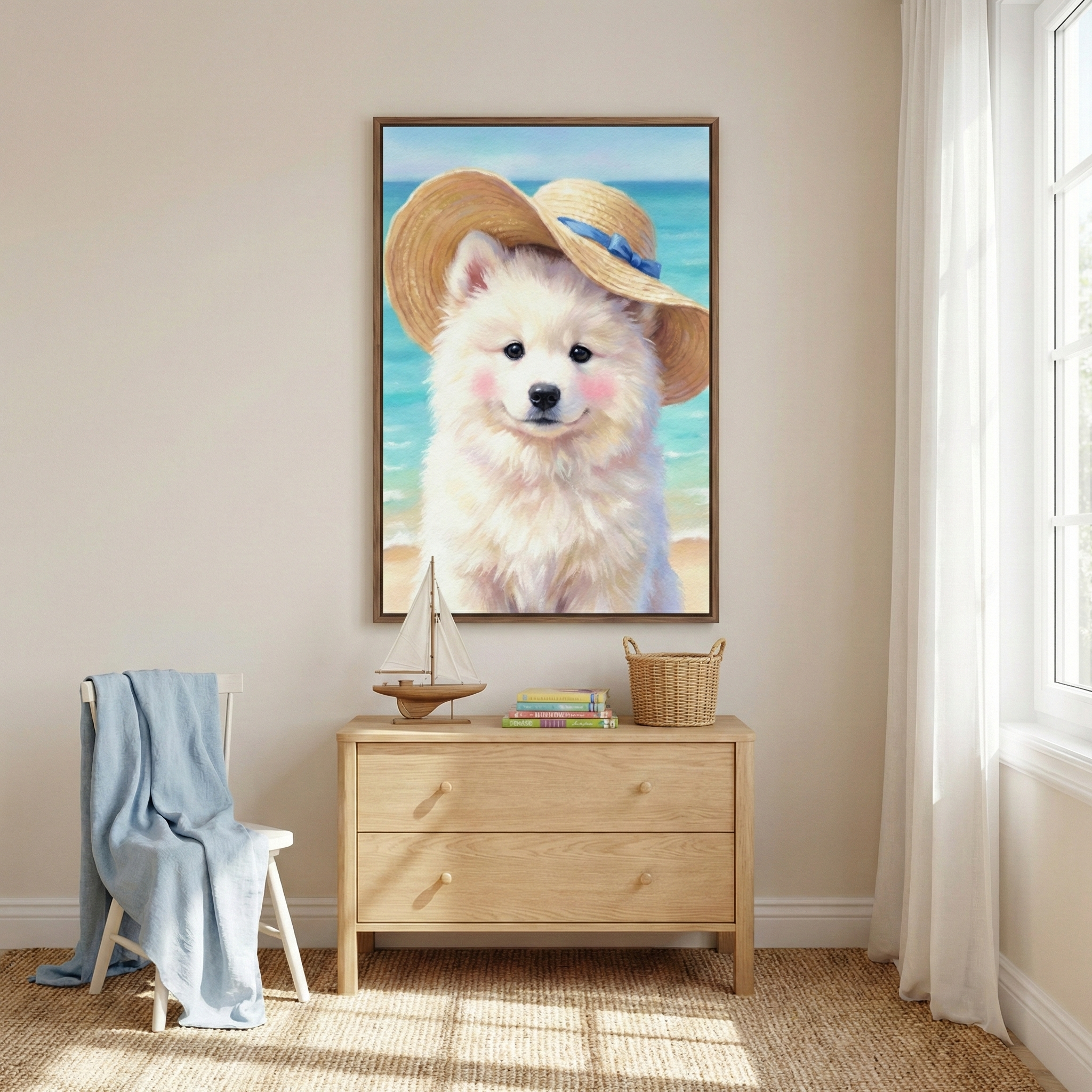 A cozy room features a large framed painting of a fluffy dog wearing a straw hat with a blue ribbon, set against a beach backdrop. Below, a light wooden dresser holds a model sailboat, stacked books, and a woven basket. A white chair with a draped blue blanket is nearby, and soft natural light streams through sheer curtains.