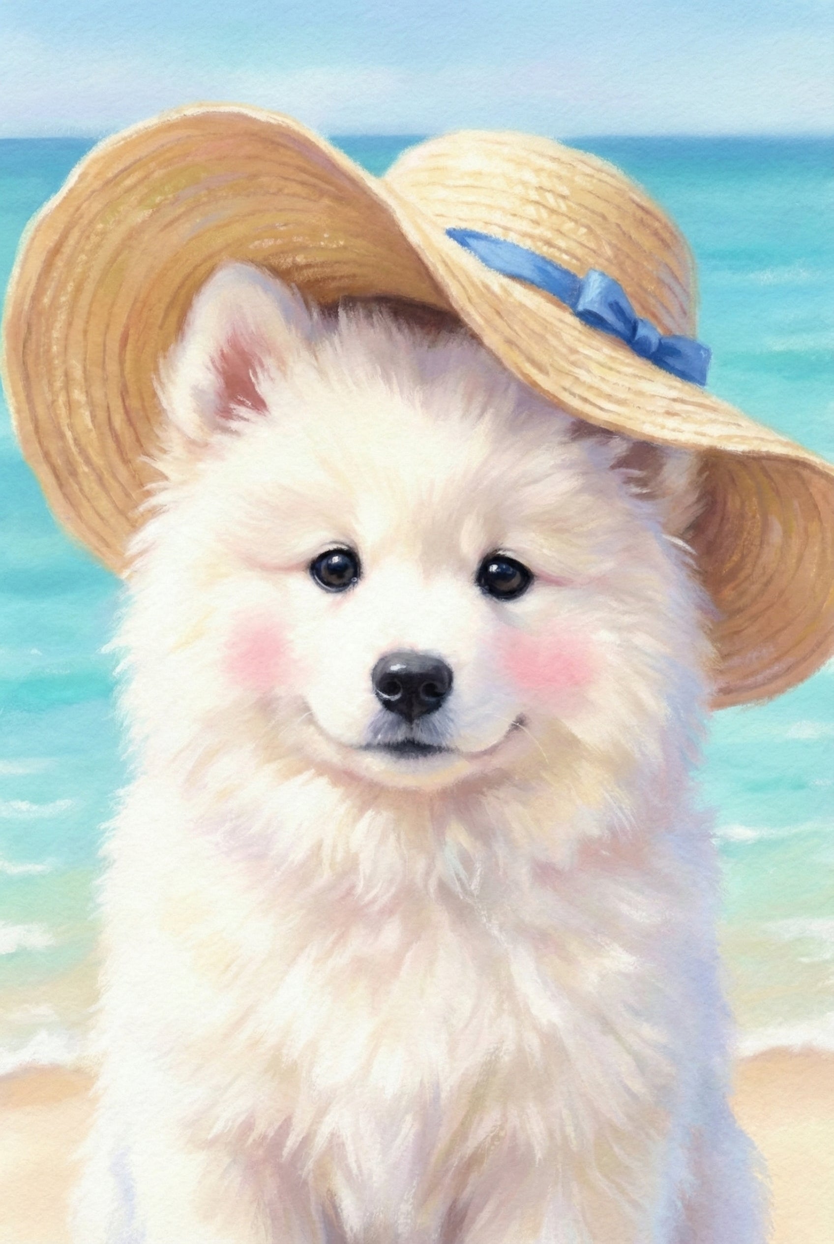 A charming digital illustration of a small, fluffy white dog wearing a wide-brimmed straw hat adorned with a blue ribbon. The dog has soft, cloud-like fur, sparkling dark eyes, and a slight pink blush on its cheeks. It is positioned in front of a serene seaside background with turquoise ocean waves and a sandy beach. The overall style is soft and warm, with visible brushwork that gives the art a cozy, gentle feel.