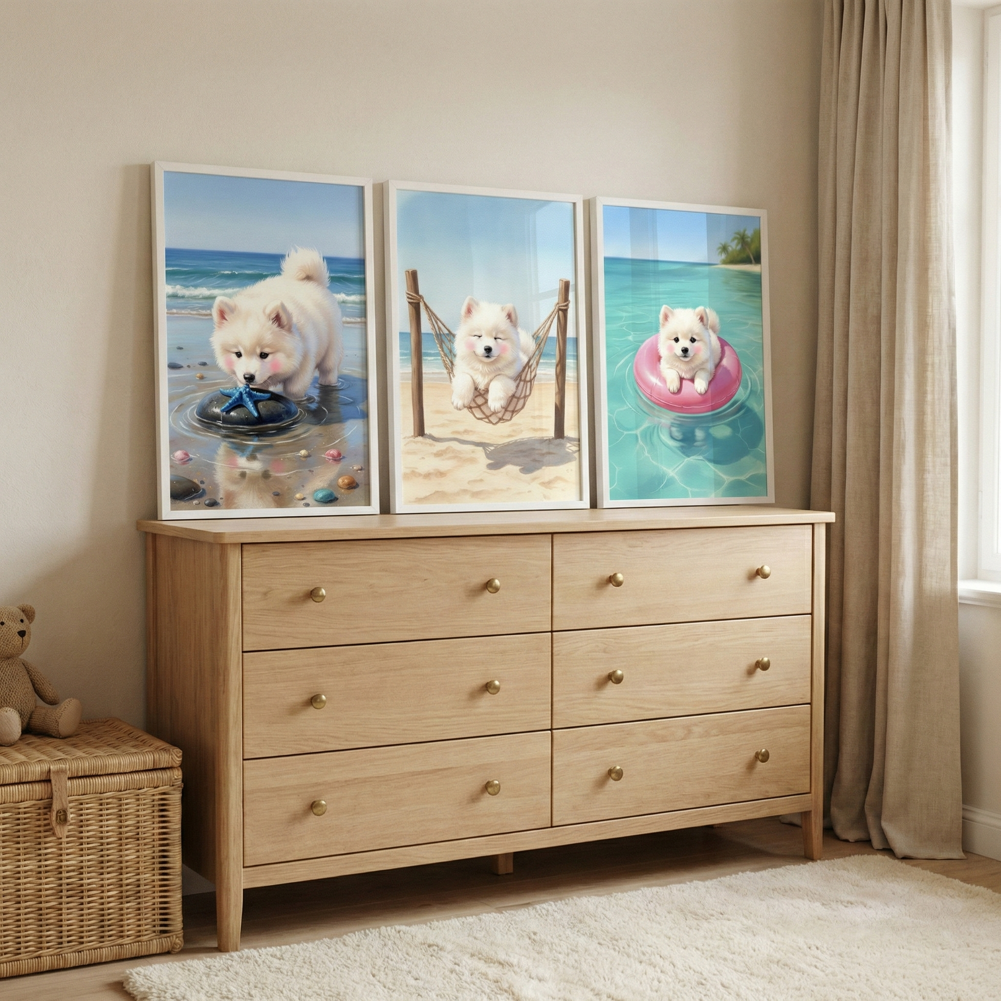 Beach Samoyed Wall Art Set of 3 - Sandy Puppy Fun