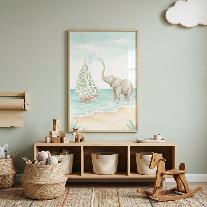 Nursery with beach scene elephant wall art above a wooden shelf with storage baskets and a rocking horse.