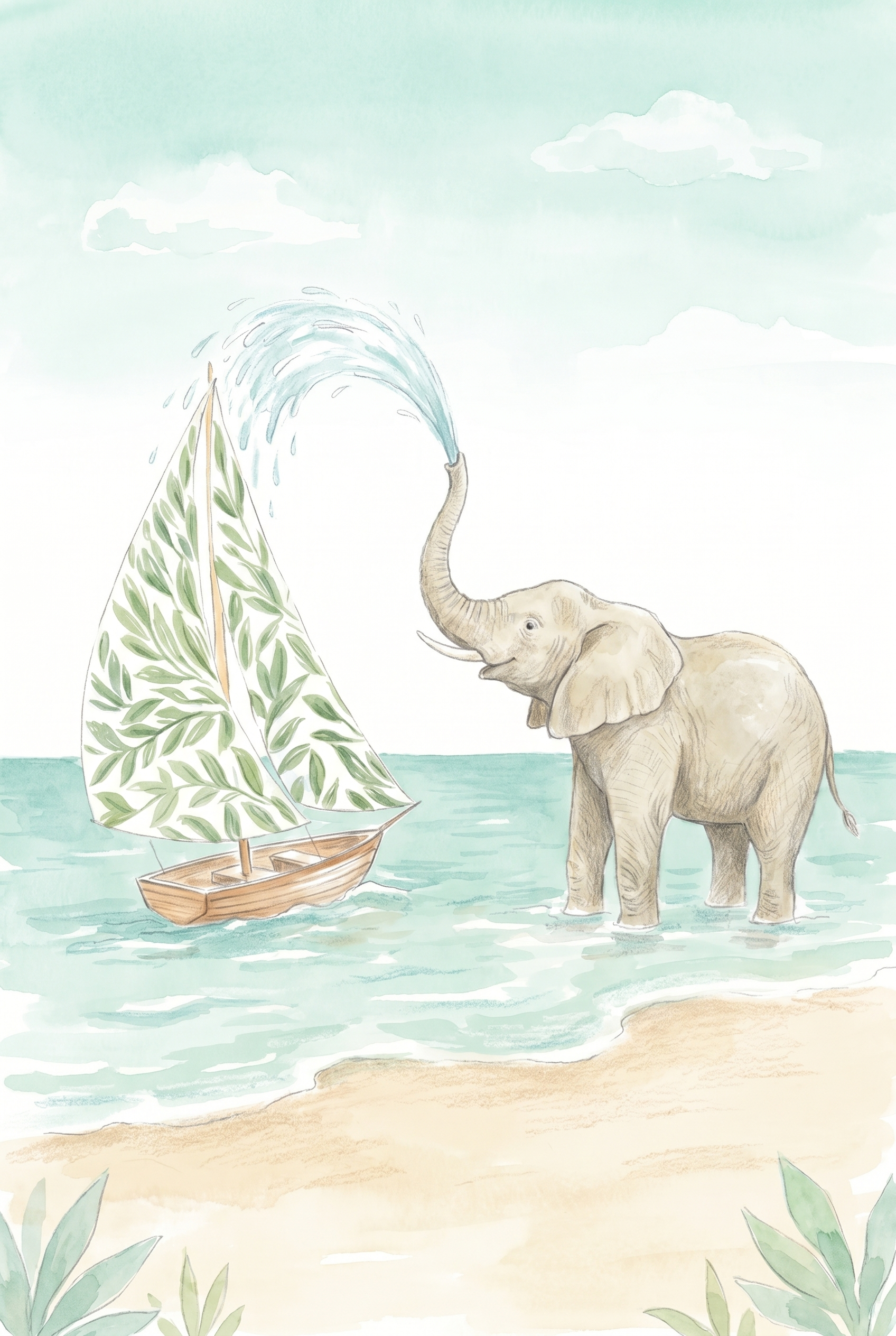 Beach Scene Elephant Wall Art - Elephant Ocean Play