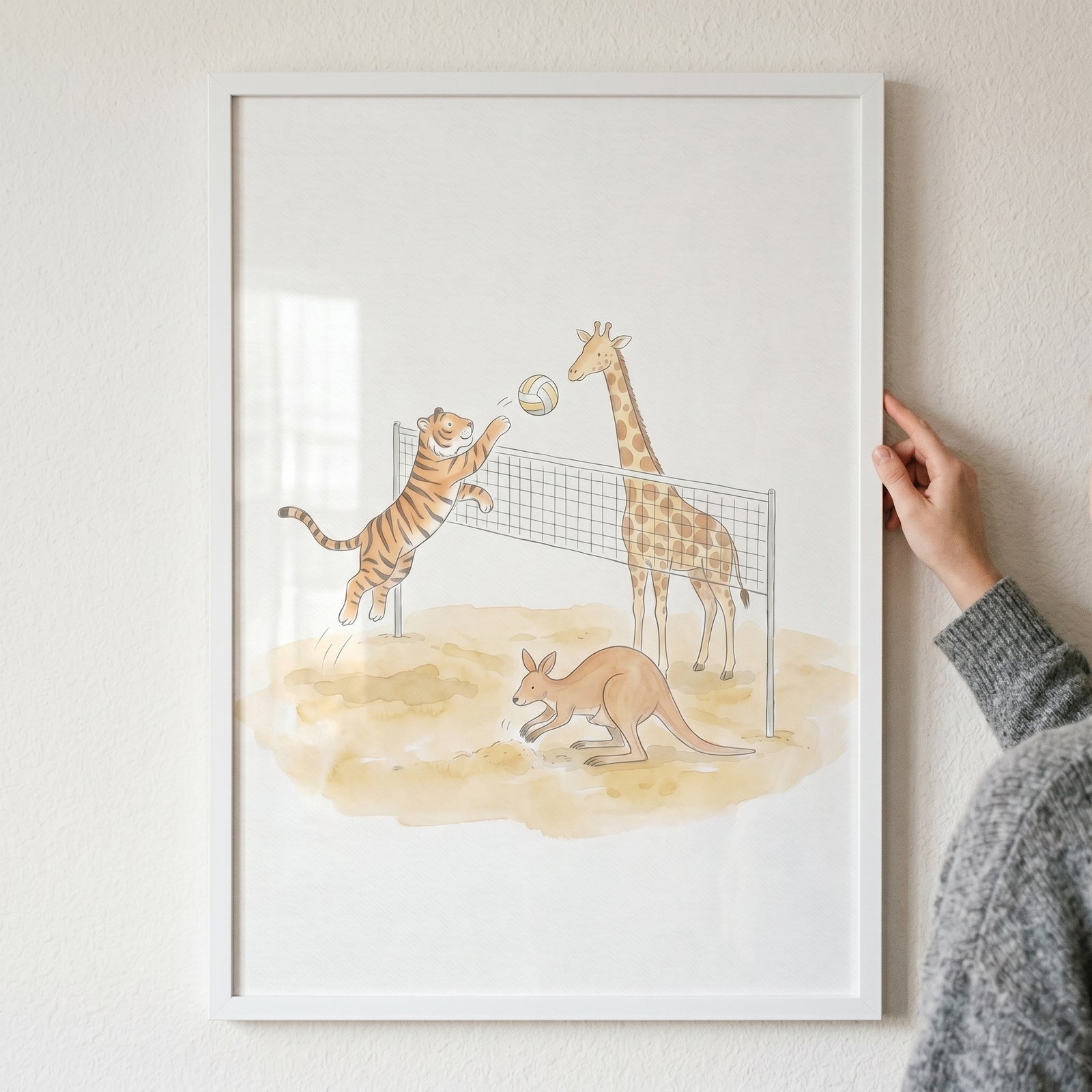 Beach volleyball animals wall art shows a tiger leaping for a ball over a net with a giraffe and kangaroo.