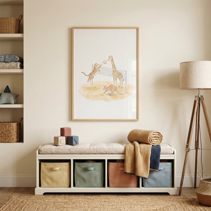 Beach volleyball animals wall art hangs above a storage bench with colorful bins, soft blankets, and a tripod floor lamp.