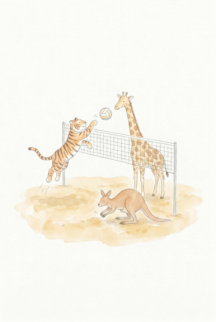 Tiger, giraffe, and kangaroo play with a ball over a net in beach volleyball animals wall art.