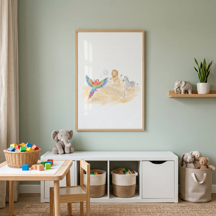 Green nursery with beach volleyball flying baseball wall art, a white storage bench, and a small wooden table with toys.