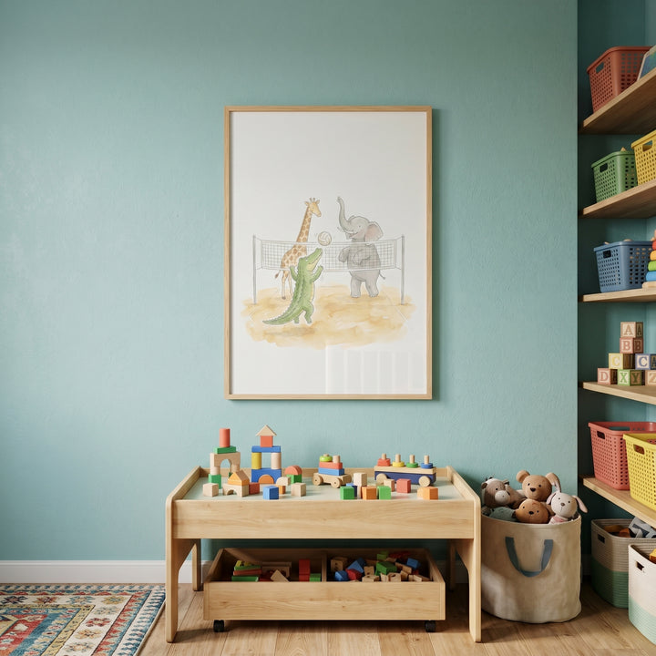Teal playroom featuring beach volleyball safari animals wall art above a wooden toy table with building blocks.