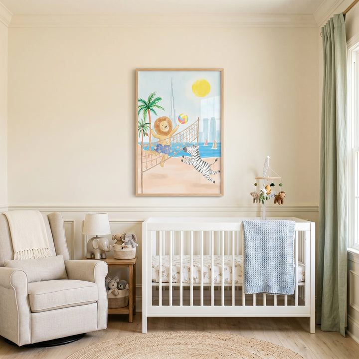 A cozy nursery featuring a white crib, grey rocker, and beach volleyball safari zebra wall art on the cream wall.