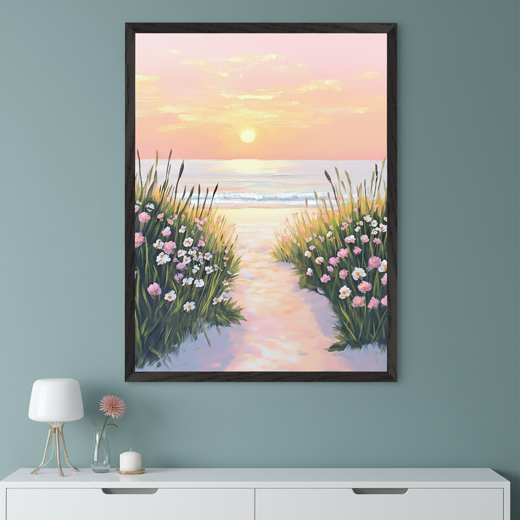 Modern room with a muted teal wall. A large framed painting of a sunset beach path with tall grass and pink and white flowers leading to the ocean hangs above a white console table.