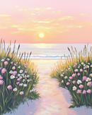 A serene beach scene at sunset, with a sandy path leading to the ocean. The sky is painted in soft pink and orange hues, and gentle waves roll onto the shore. Lush green grasses and clusters of pink and white flowers frame the path, creating a tranquil and inviting atmosphere.