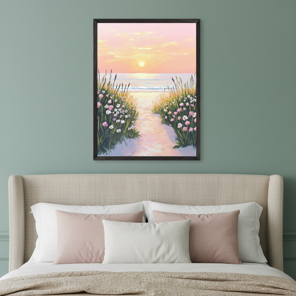 Bedroom with a beige upholstered bed. A framed painting of a sandy beach path at sunset, lined with pink and white flowers, leading to the ocean hangs centered above the bed.
