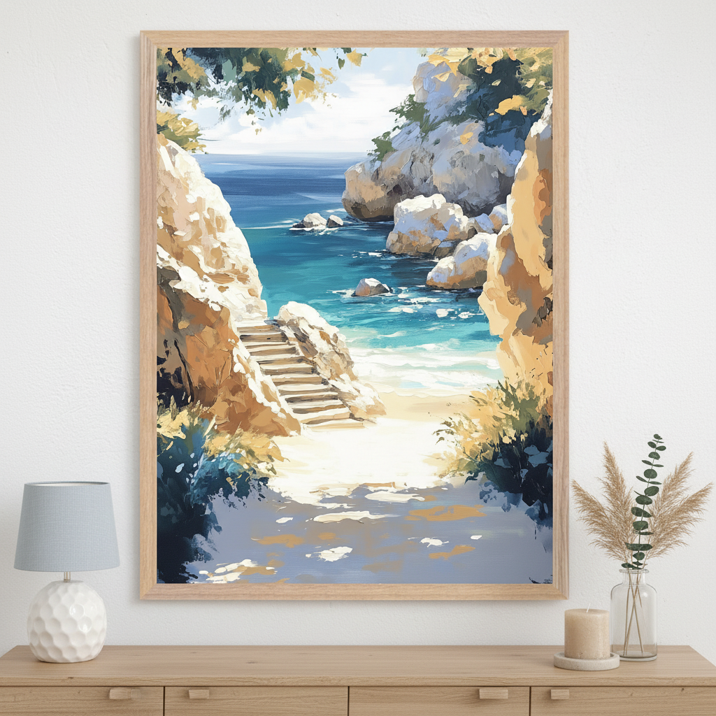 Modern living space with a light wood cabinet. A large framed impressionistic painting of a secluded beach with turquoise water, rocky cliffs, and stone steps leading to the sand hangs centered above the cabinet. A lamp, candle, and dried plant are on the cabinet.