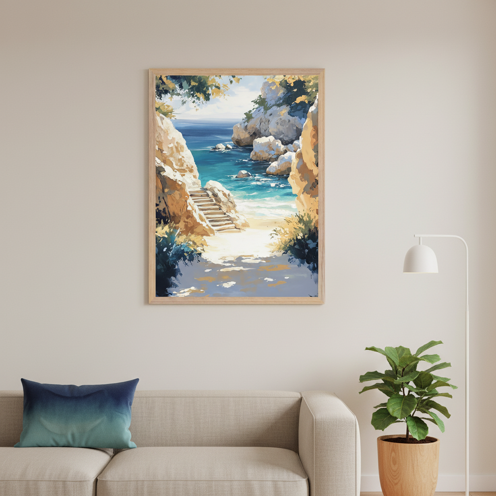 Modern living room with a light sofa, a blue cushion, a white floor lamp, and a potted plant. A framed painting of a bright beach scene with steps, turquoise sea, and rocky cliffs in a painterly style hangs above the sofa.