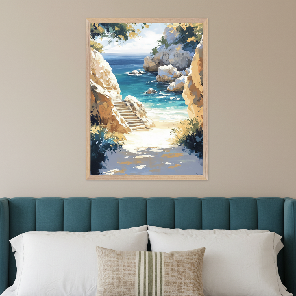 Modern bedroom with a teal upholstered headboard and white pillows. A framed painting of a sunny beach scene with turquoise water, rocky cliffs, and a path with steps to the sand hangs centered above the bed. Painterly style.