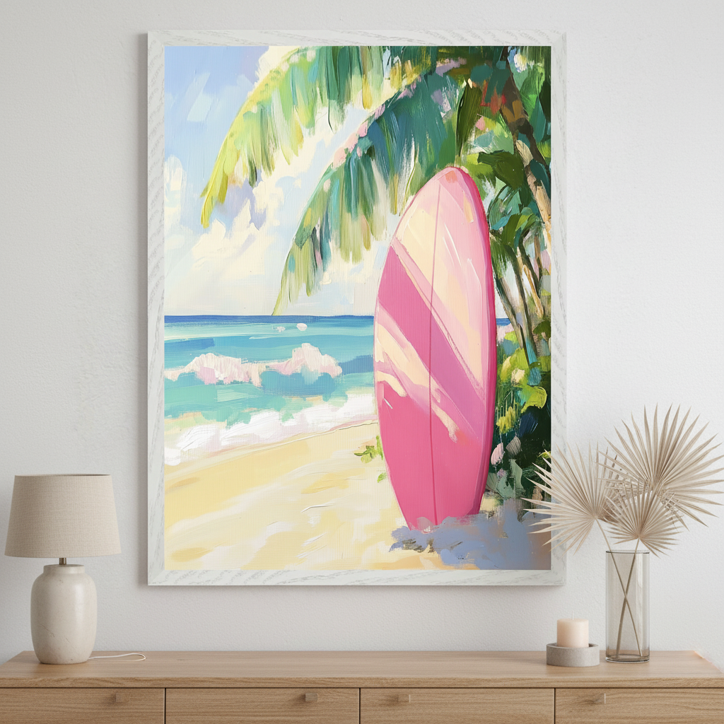Modern room with a light wood dresser. A large framed painterly artwork of a beach with a pink surfboard leaning against palm trees, and ocean waves, hangs centered above the dresser. A lamp and vase are on the dresser.