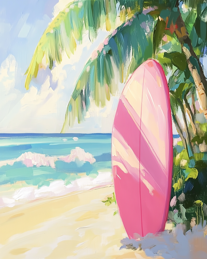 A vibrant painting depicts a sunny beach scene with a pink surfboard standing upright in the sand near lush palm trees. The ocean waves gently lap at the shore under a clear blue sky.