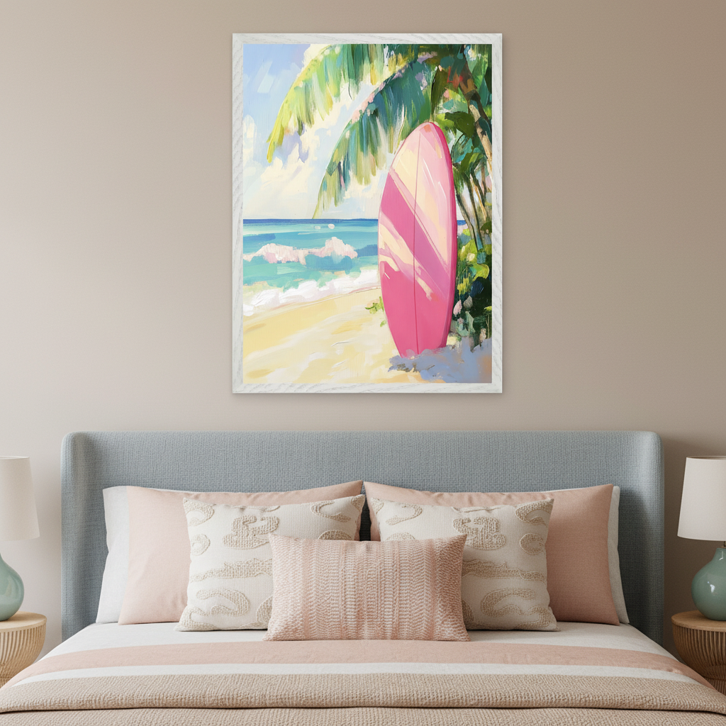 Bedroom with a blue upholstered bed and pink and beige bedding. A large framed painting hangs above the bed, depicting a vibrant tropical beach scene with a pink surfboard leaning against a palm tree on yellow sand with blue ocean waves.