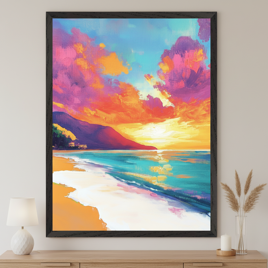 Modern room with a light wood console table. A large framed painting of a vibrant beach sunset with dramatic orange, pink, and purple clouds, a glowing sun reflected on the turquoise ocean, and a sandy shore with white waves, hangs centered above the table.