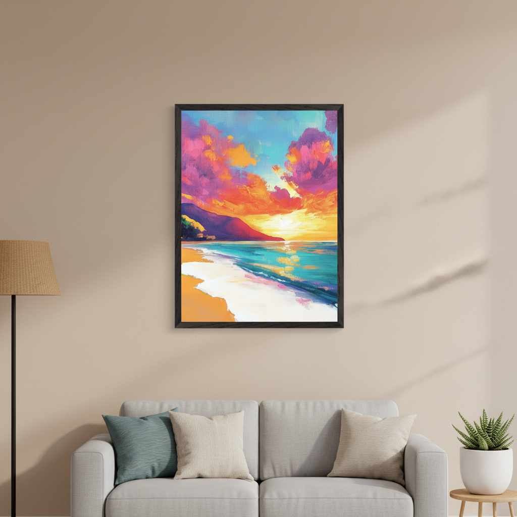 Living room with a light gray sofa and a floor lamp on the left. A vibrant, impressionistic painting of a tropical beach sunset with bright orange and pink clouds over turquoise water hangs framed on the wall above the right side of the sofa. A potted plant is on a small table.