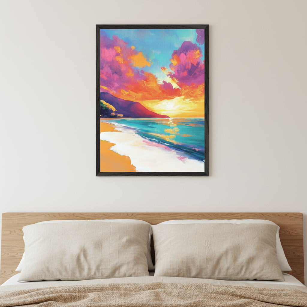 Modern bedroom with a light wood headboard and two beige pillows. A framed, impressionistic painting of a vibrant sunset over a beach with colorful clouds, bright water, and sand hangs centered above the bed.