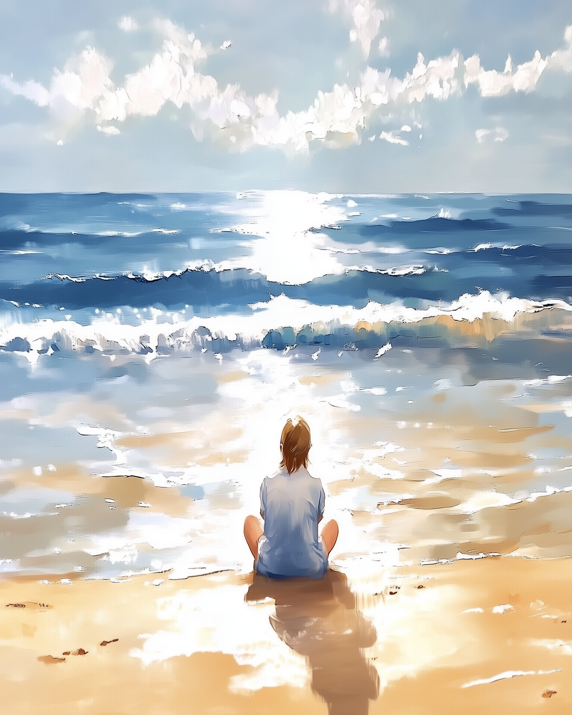 A person sits on a sandy beach, facing the ocean, with gentle waves and a bright, sunlit sky creating a serene atmosphere. The scene is painted in soft, warm colors, capturing a peaceful moment by the sea.