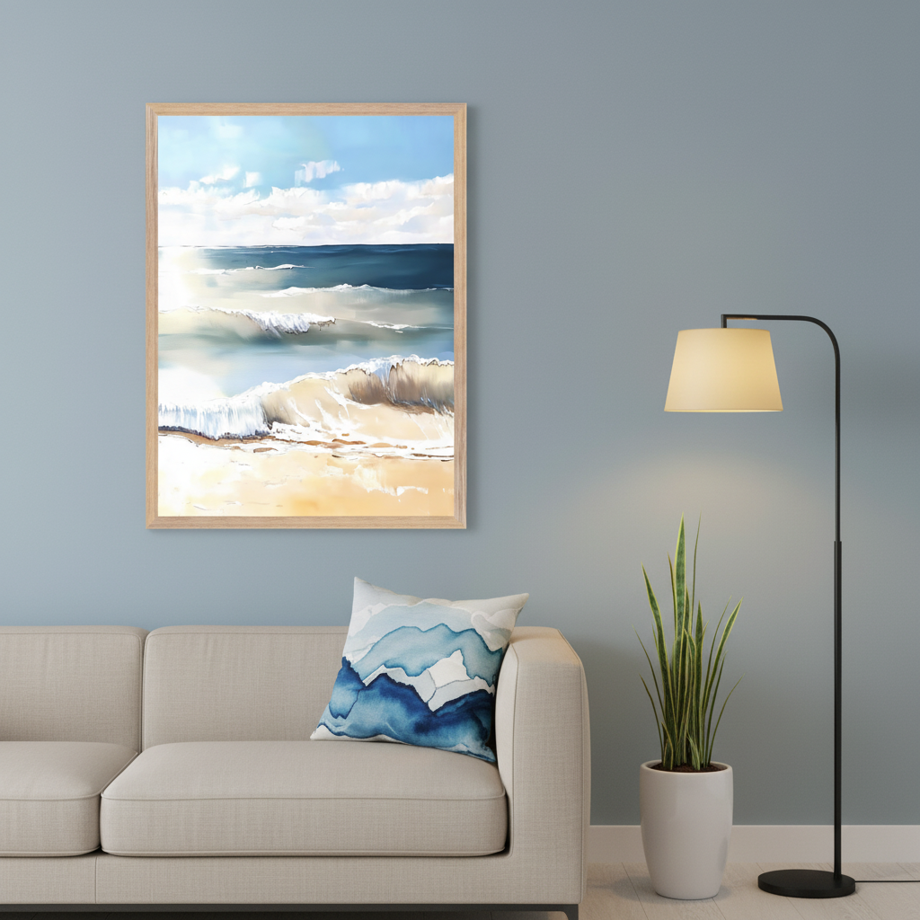 Modern living room with a beige sofa. Above the sofa hangs a light wood-framed painting depicting a beach scene with breaking waves, sand, and a blue sky with clouds. A blue and white abstract pillow is on the sofa. A black floor lamp and a potted snake plant are on the right.