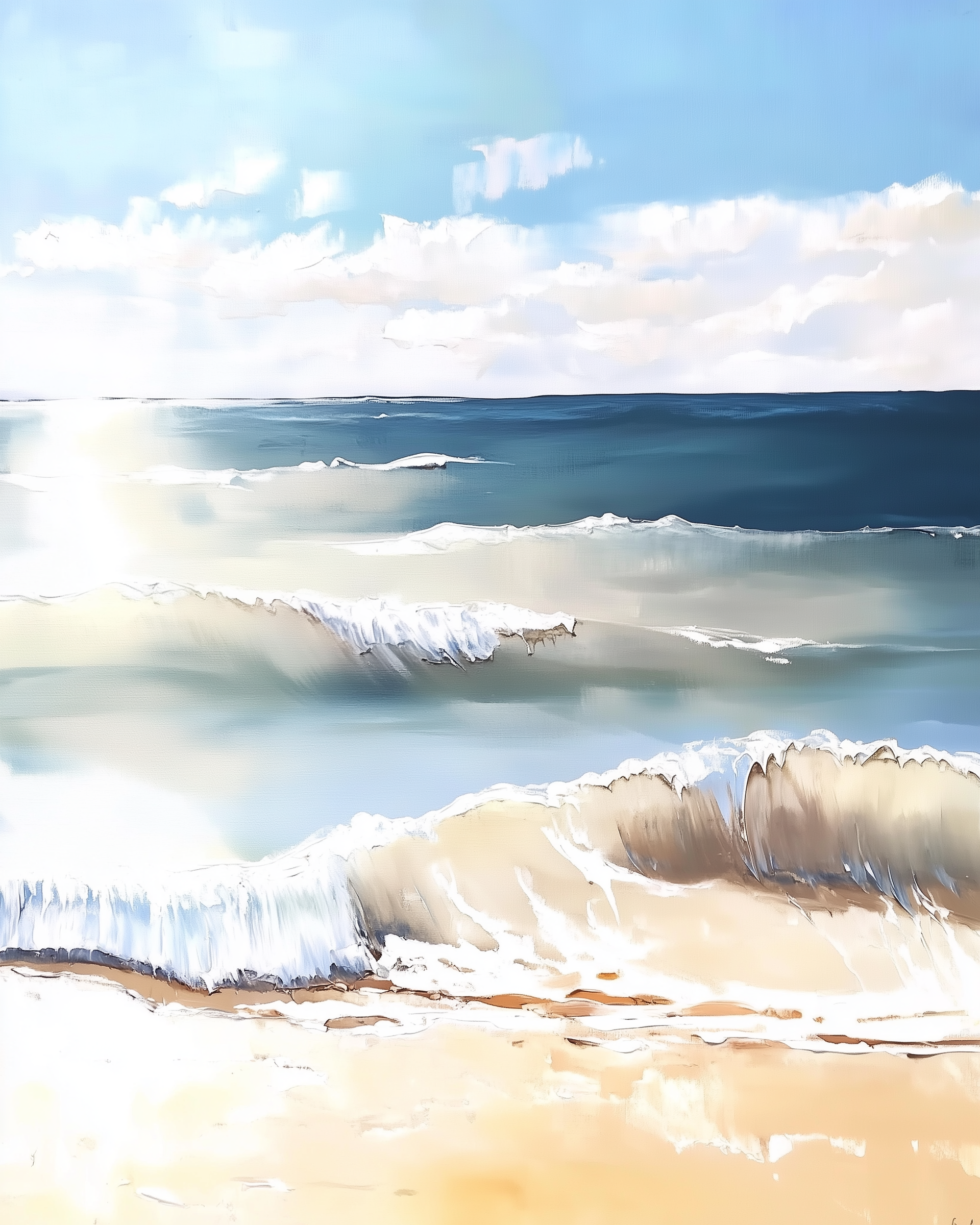 A serene beach scene with gentle waves crashing onto a sandy shore under a bright blue sky. The sunlight shimmers on the water, and fluffy white clouds drift across the sky, adding to the peaceful atmosphere.
