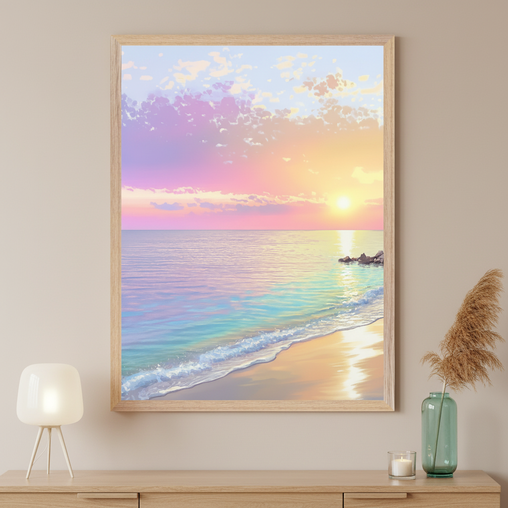 Modern room with a light wood console table. A large framed painting of a pastel beach sunset with pink, purple, and yellow sky hangs centered above the table. A white lamp, candle, and vase with pampas grass are on the table.