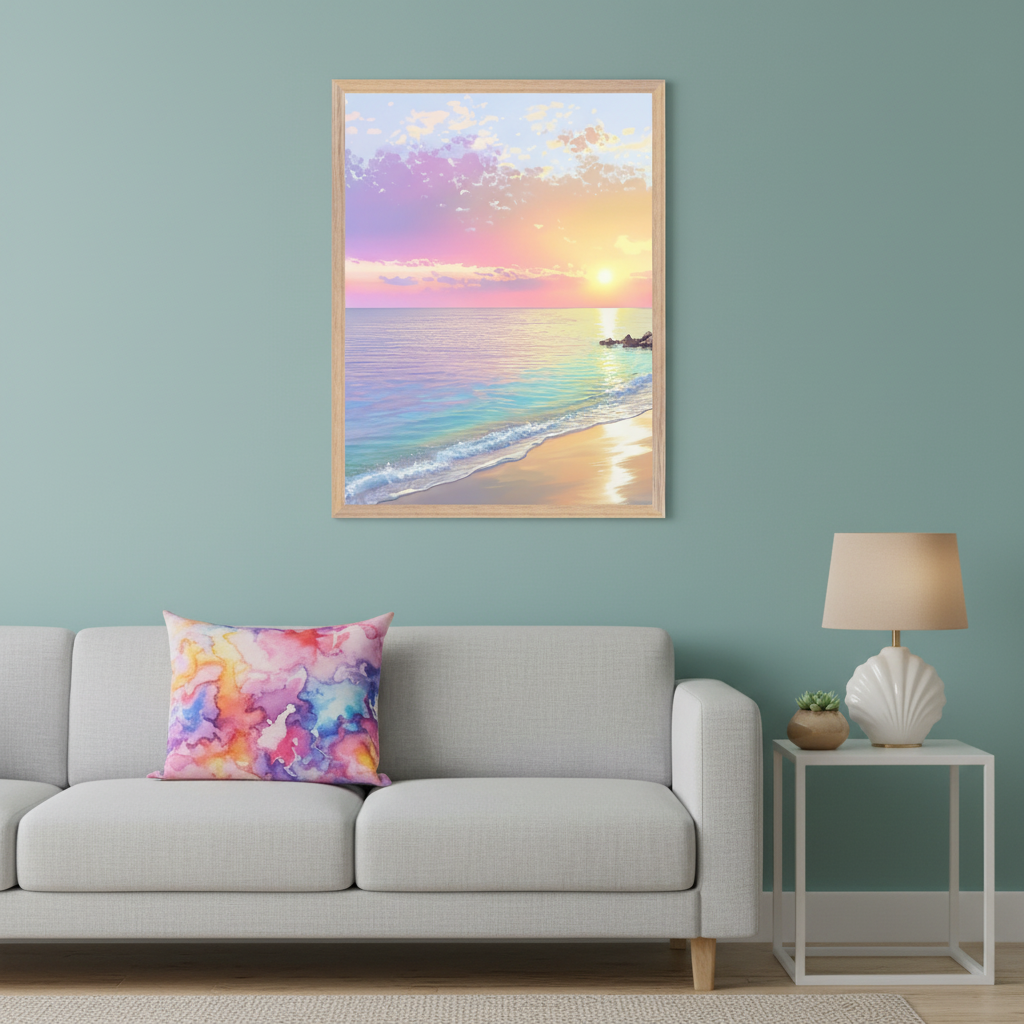 Modern living room with a light grey sofa and a watercolor-style pillow. A framed pastel beach sunset painting, featuring pink, purple, and yellow skies over a blue ocean, hangs above the sofa. A white side table with a lamp is to the right.