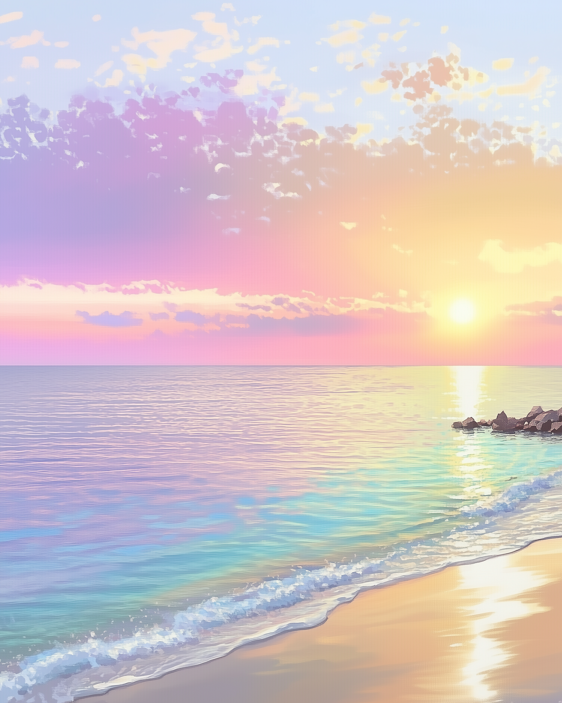 A serene beach scene at sunset features gentle waves lapping against the sandy shore, with the sky painted in soft hues of pink, orange, and purple as the sun sets near a cluster of rocks.