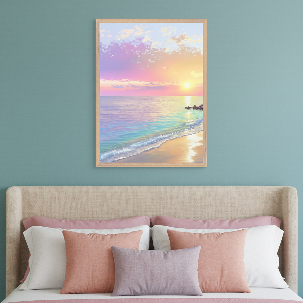 Modern bedroom with a beige upholstered bed and colorful pillows. A framed pastel painting of a beach sunset with waves and a bright sky hangs above the bed on a teal wall.