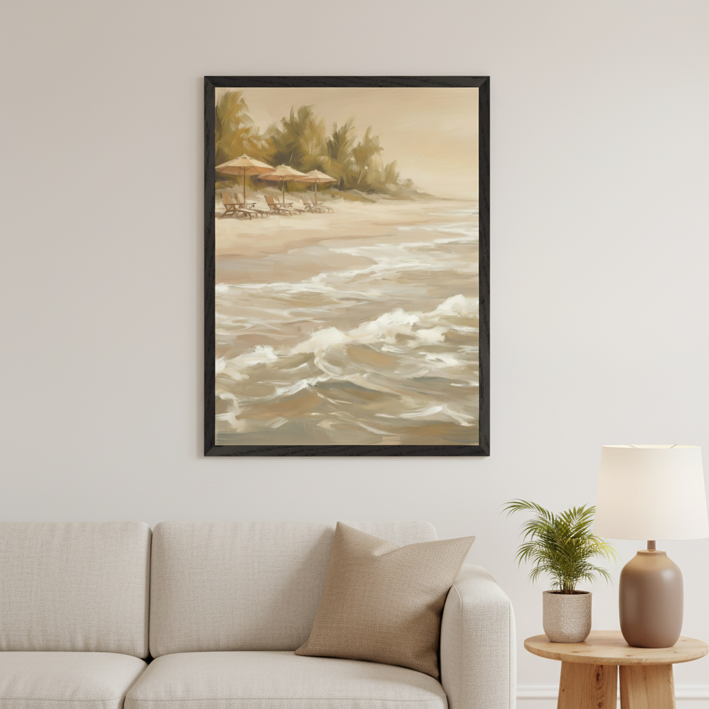 Modern living room with a light beige sofa. A large framed painterly style painting of a beach scene with crashing waves, beach chairs, umbrellas, and palm trees hangs above the sofa. A wooden side table with a plant and lamp is on the right.