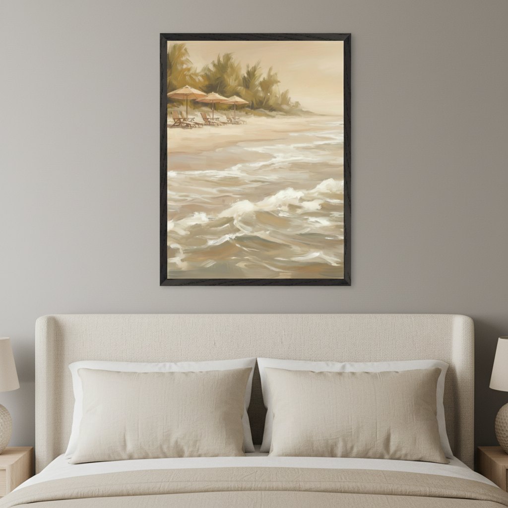 Modern bedroom with a beige upholstered bed. A framed painting of a sandy beach with palm trees, three umbrellas, chairs, and ocean waves in an impressionistic style hangs centered above the headboard. The artwork uses muted, earthy tones.