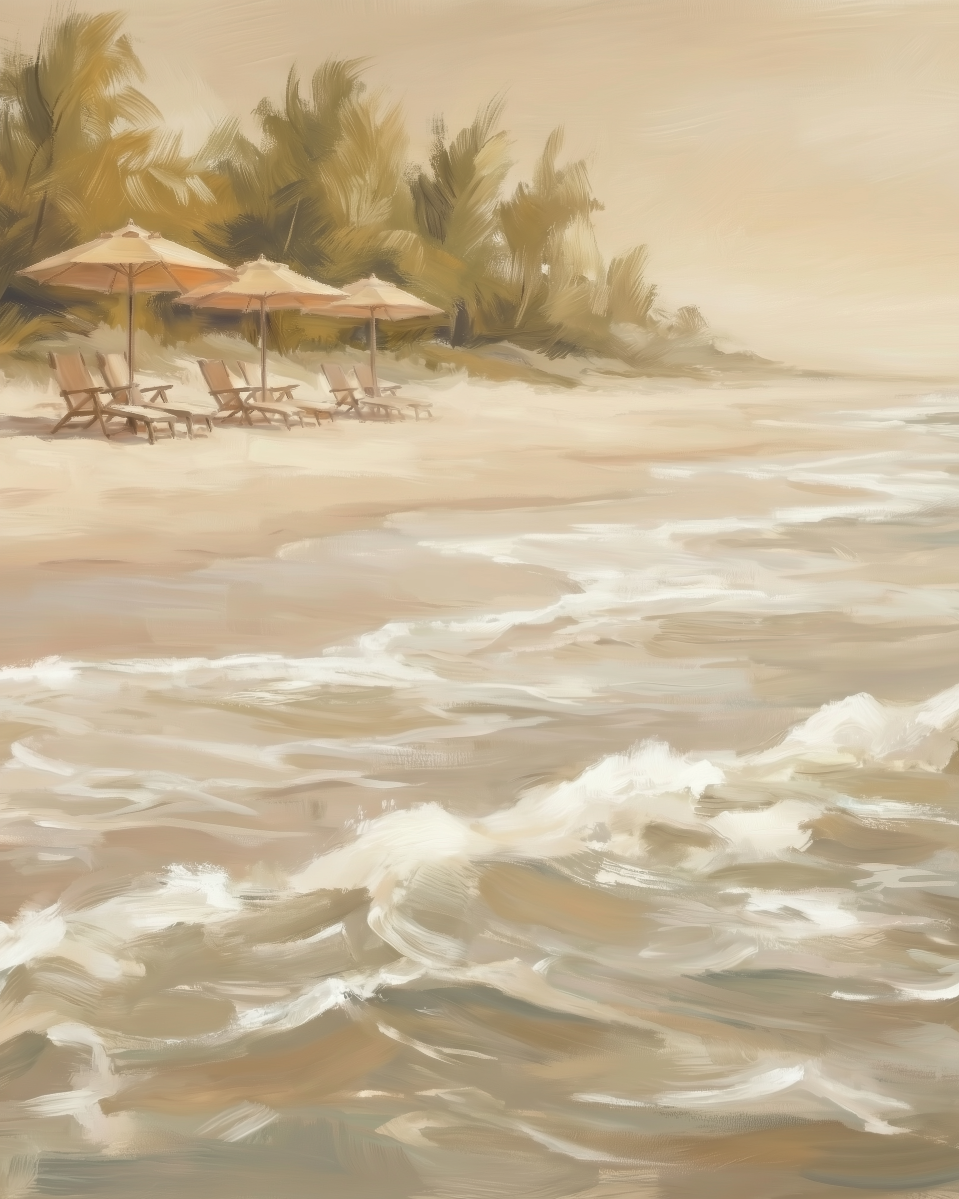  A softly painted beach scene with rows of wooden lounge chairs under tan umbrellas, lined up along the shore with waves gently rolling in and palm trees swaying in the background.
