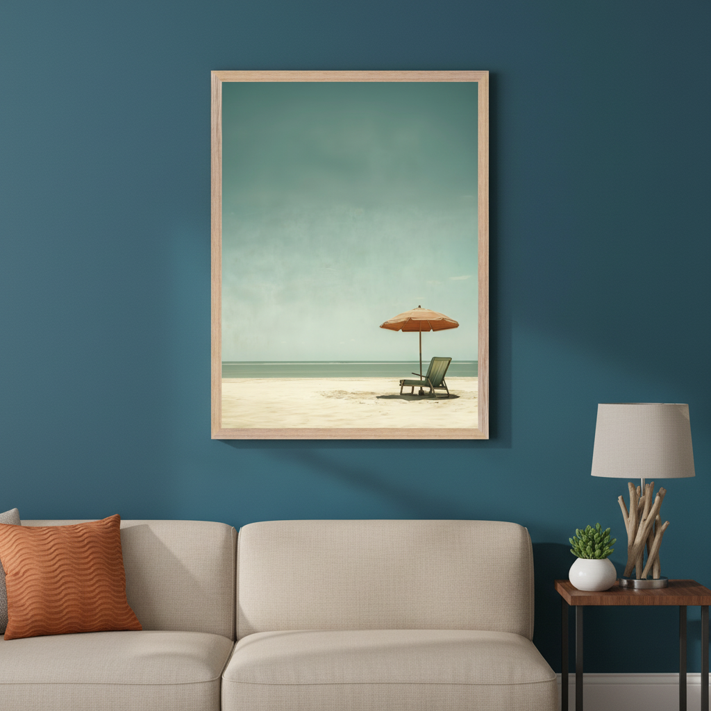 Living room with a beige sofa against a teal wall. A large framed print of a minimalist beach scene with an orange umbrella and lounge chair on sand hangs above the sofa. A side table with a lamp and plant sits to the right.