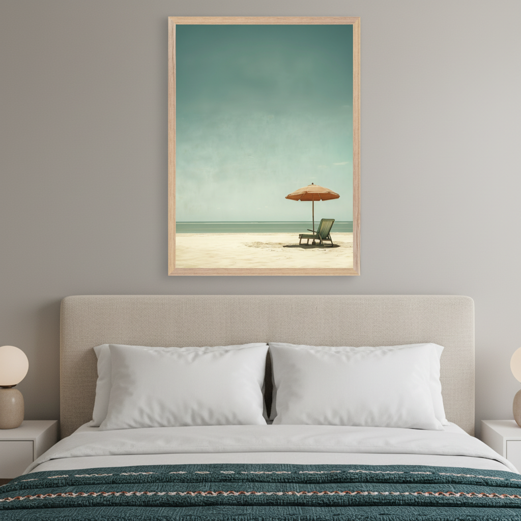 Modern bedroom with an upholstered bed, white pillows, and a teal blanket. A large, light wood-framed print of a minimalist beach scene with an orange umbrella and lounge chair hangs centered above the bed.