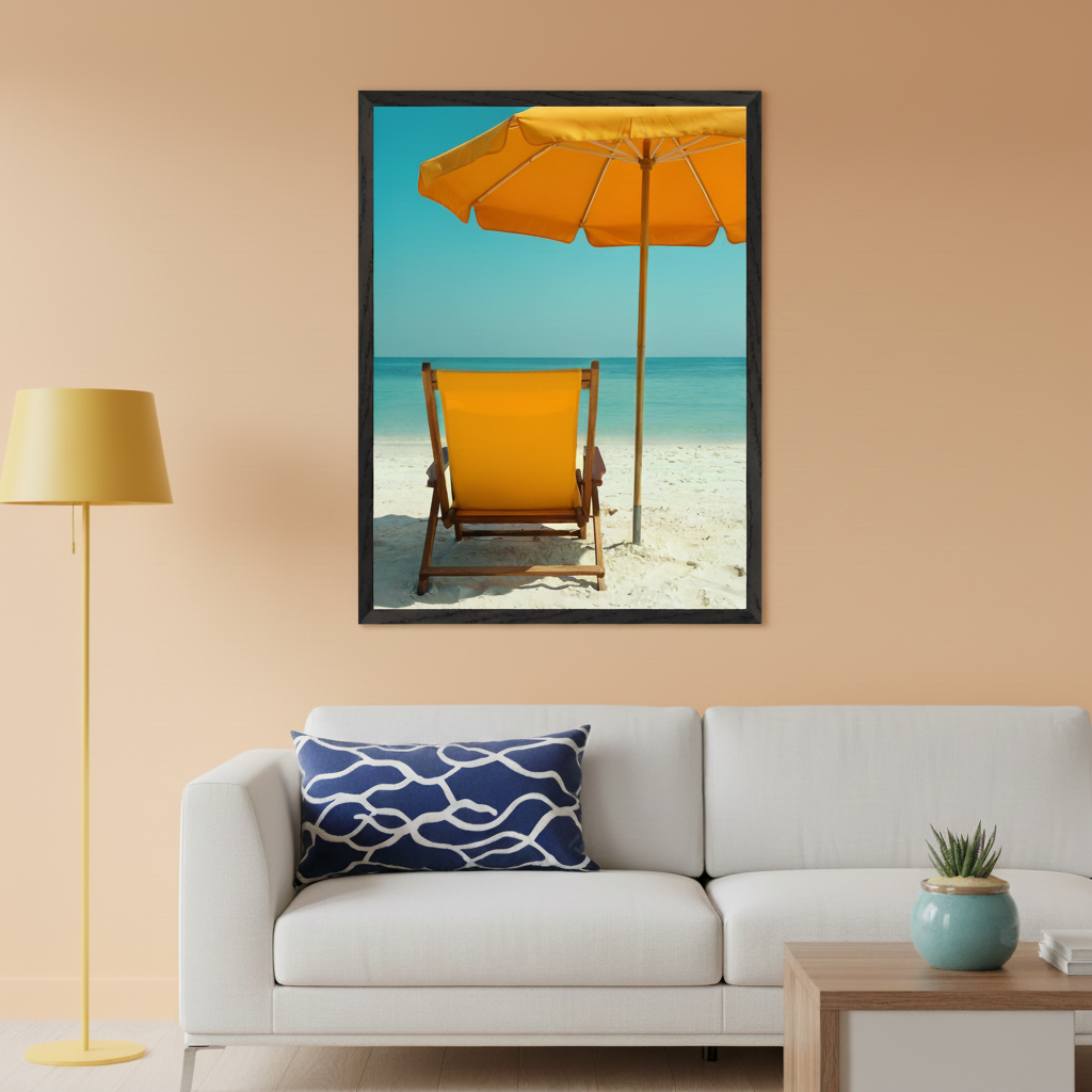 Modern living room with a white sofa and a yellow floor lamp. A large framed print of a sunny beach scene with a yellow umbrella and beach chair on white sand, facing a turquoise ocean, hangs above the sofa.