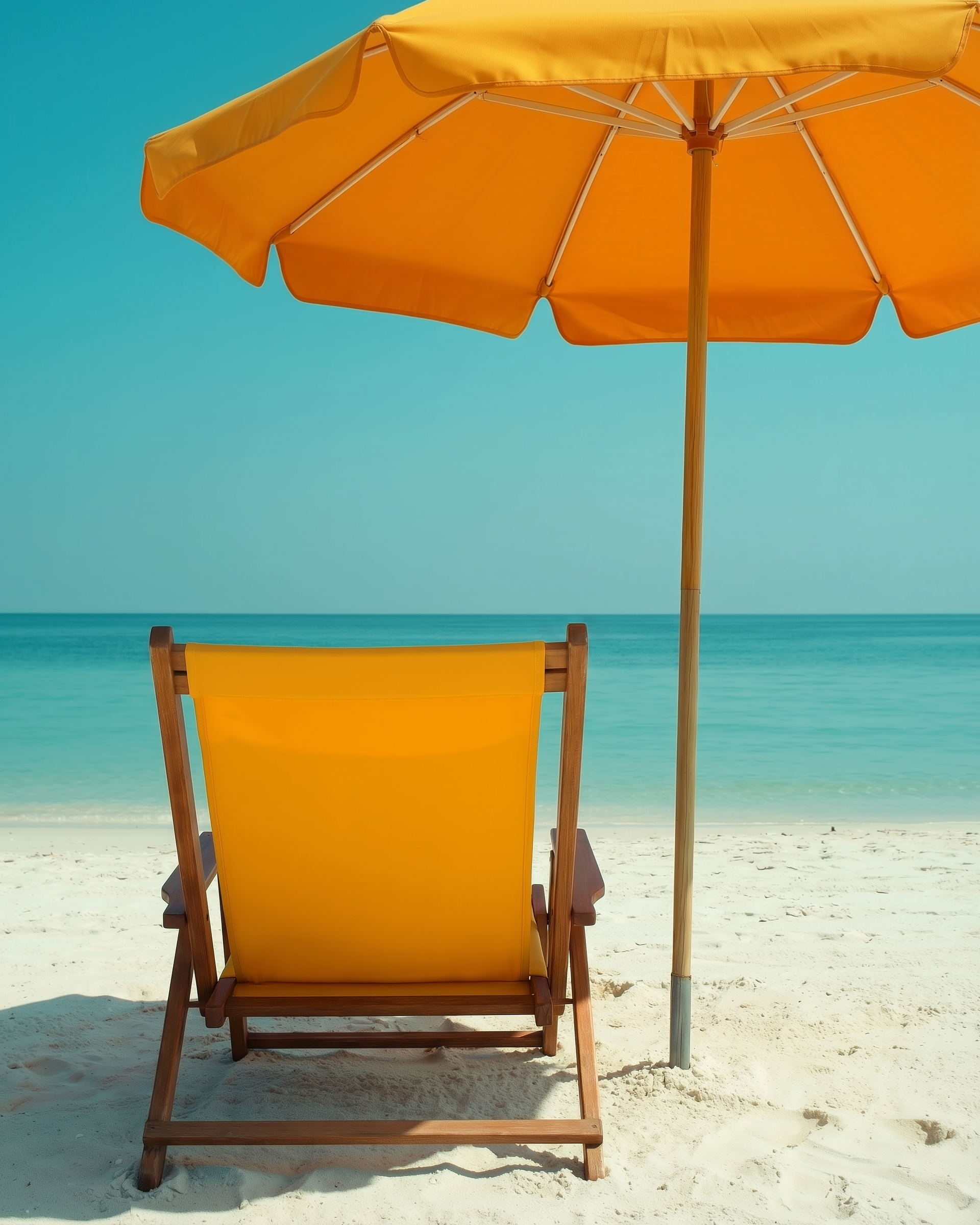  A bright yellow beach umbrella shades a matching yellow lounge chair facing the turquoise ocean, with soft white sand stretching to the water’s edge.