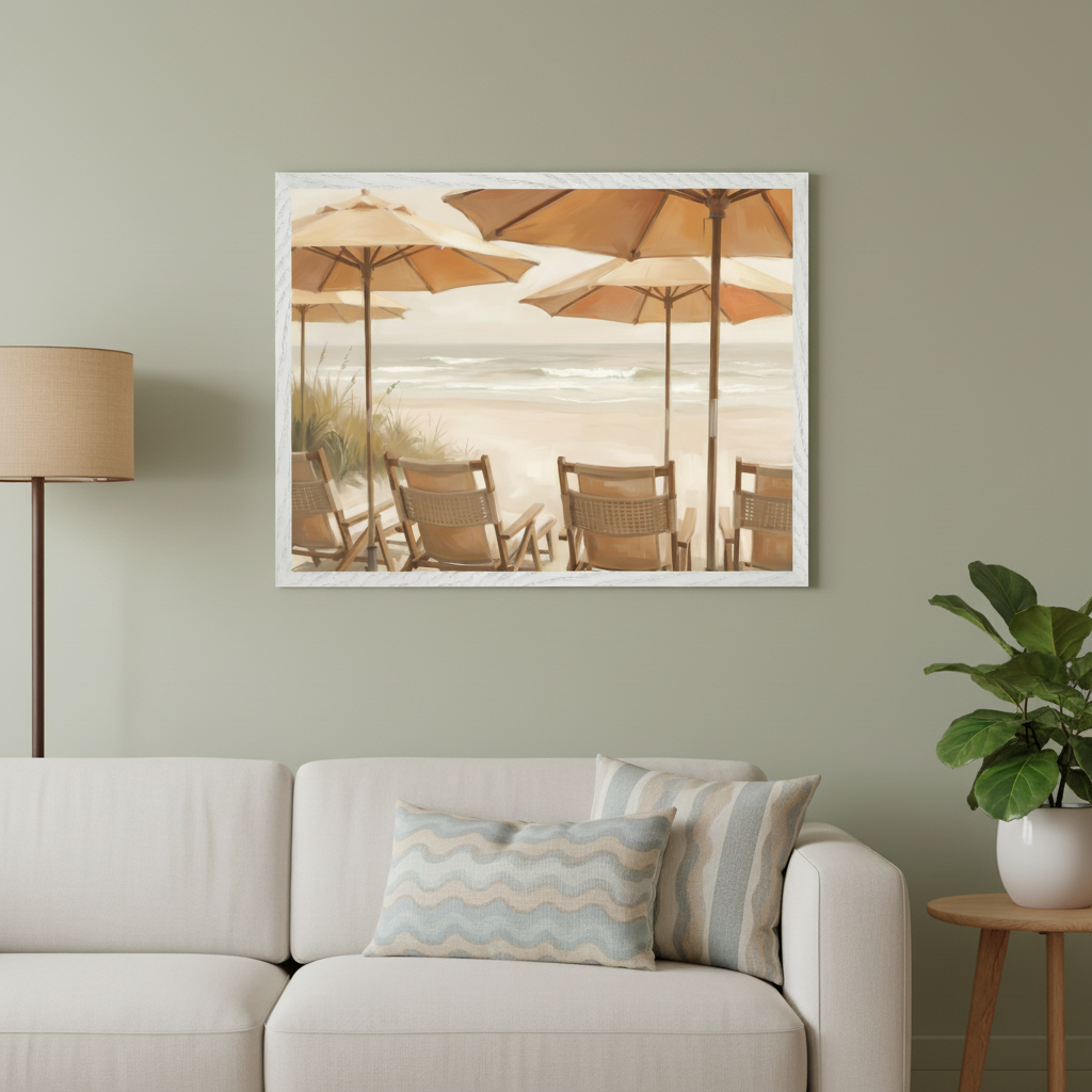 Living room with sage green walls and a white sofa. A tall floor lamp is on the left, and a potted plant on a side table is on the right. A large framed painting of a sandy beach scene with tan umbrellas, chairs, and ocean waves hangs centered above the sofa.