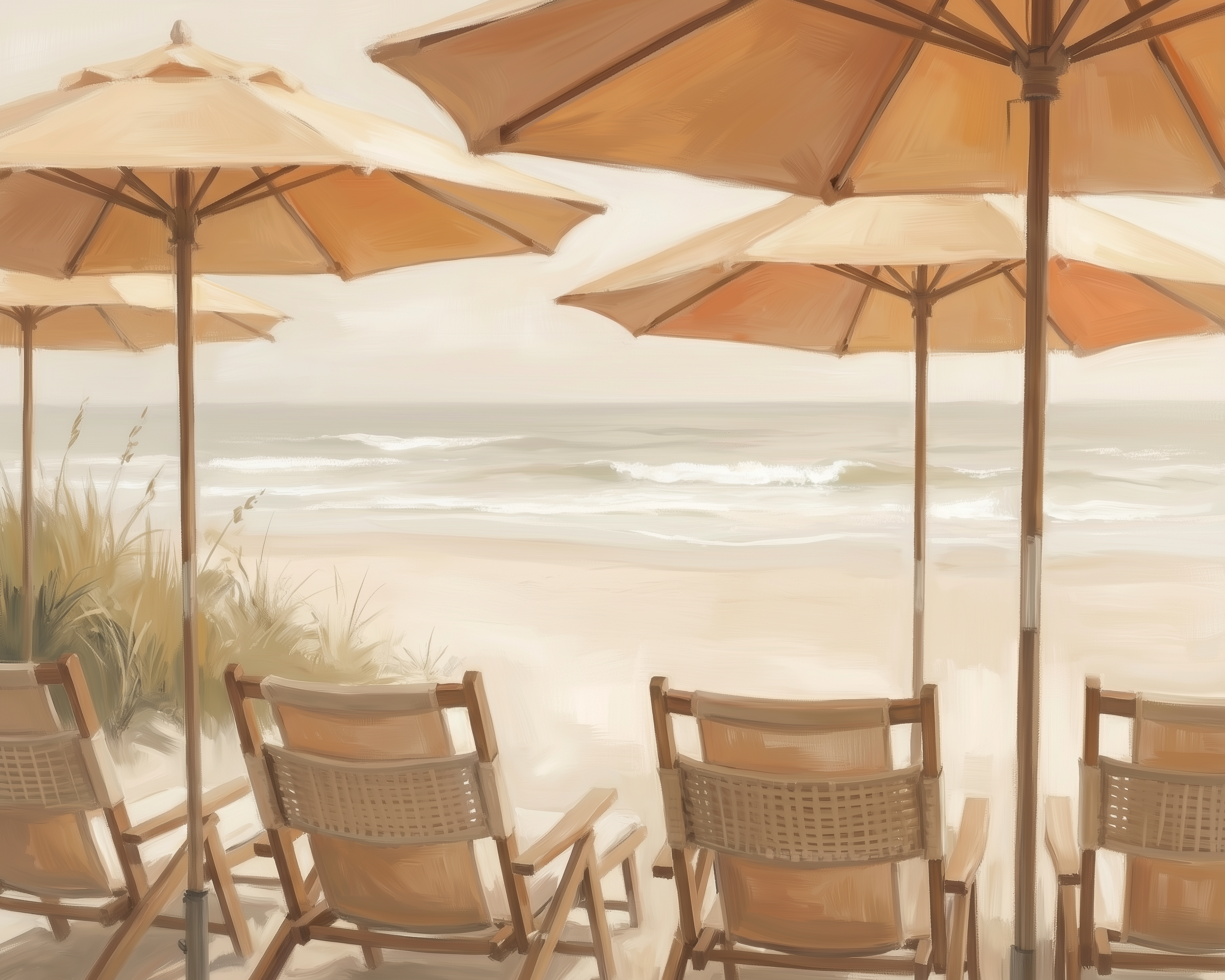 A row of wooden beach chairs under large tan umbrellas facing the ocean, with soft waves in the distance and dune grasses growing nearby.
