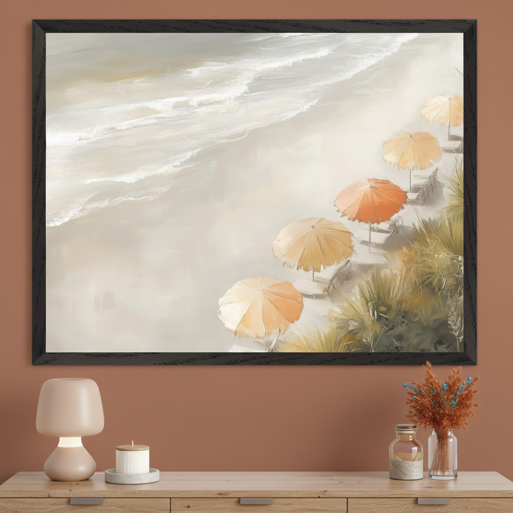 Peach Parasol Vista - Beach Framed Wall Art for Living Room, Bedroom or Office