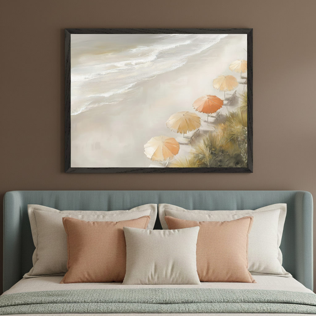 Bedroom with a blue headboard bed. A large framed painting of an aerial beach view with sand, ocean waves, and several orange beach umbrellas hangs above the bed.