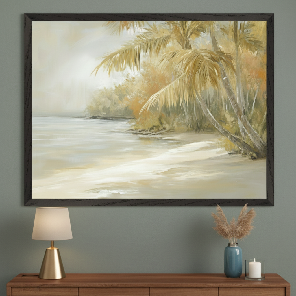 Modern room with a large dark-framed impressionistic painting of a sandy beach and palm trees in warm, muted tones, centered above a wooden dresser. A gold lamp, dried grass in a blue vase, and a candle are on the dresser.