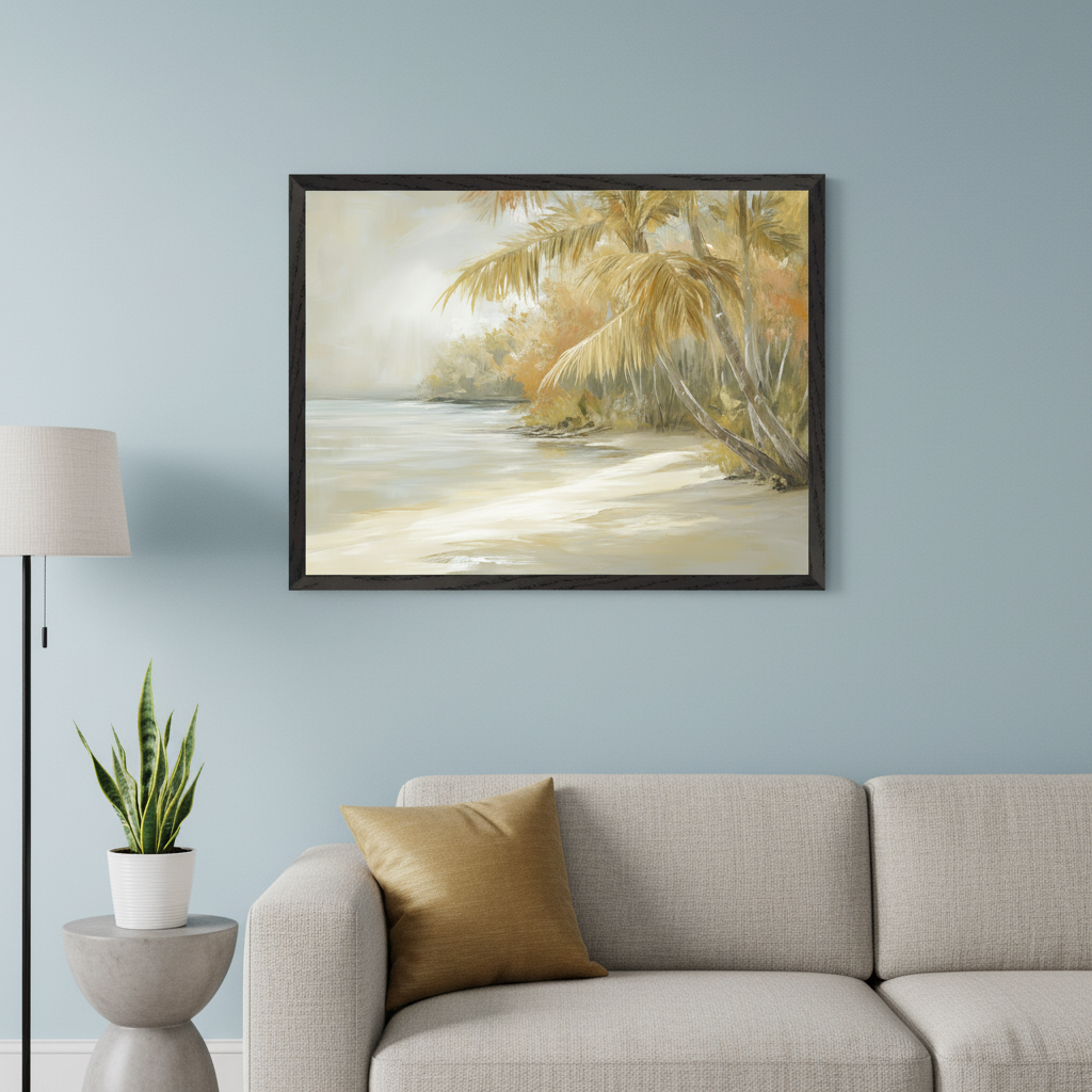 Living room with a light blue wall, light beige sofa, and a floor lamp. Above the sofa, a large framed painting depicts a tropical beach scene with palm trees, sandy shore, and calm water in soft, warm tones.