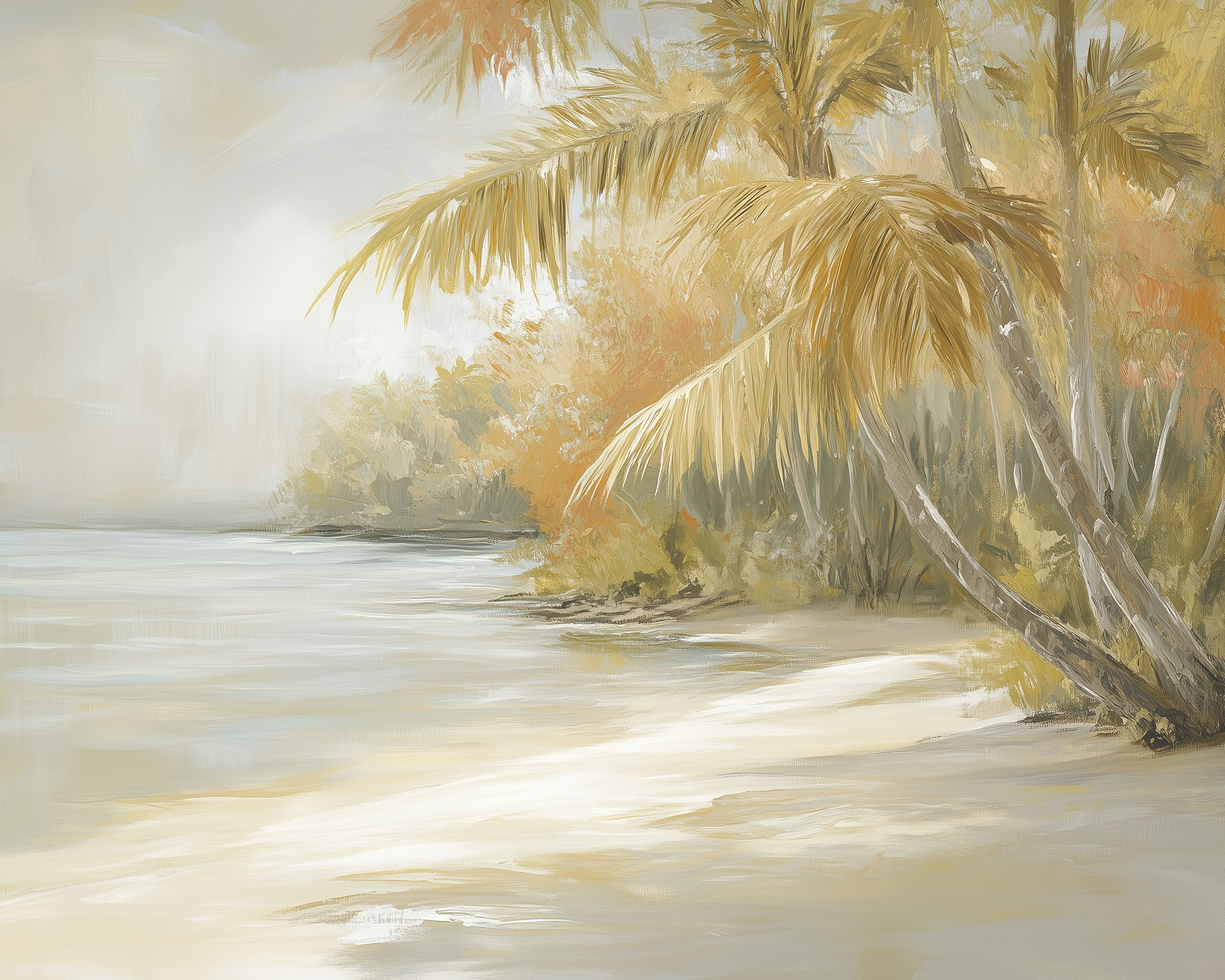  A cluster of golden and green palm trees leaning over a tranquil beach, with soft waves lapping the shore and hazy sunlight filtering through the sky.
