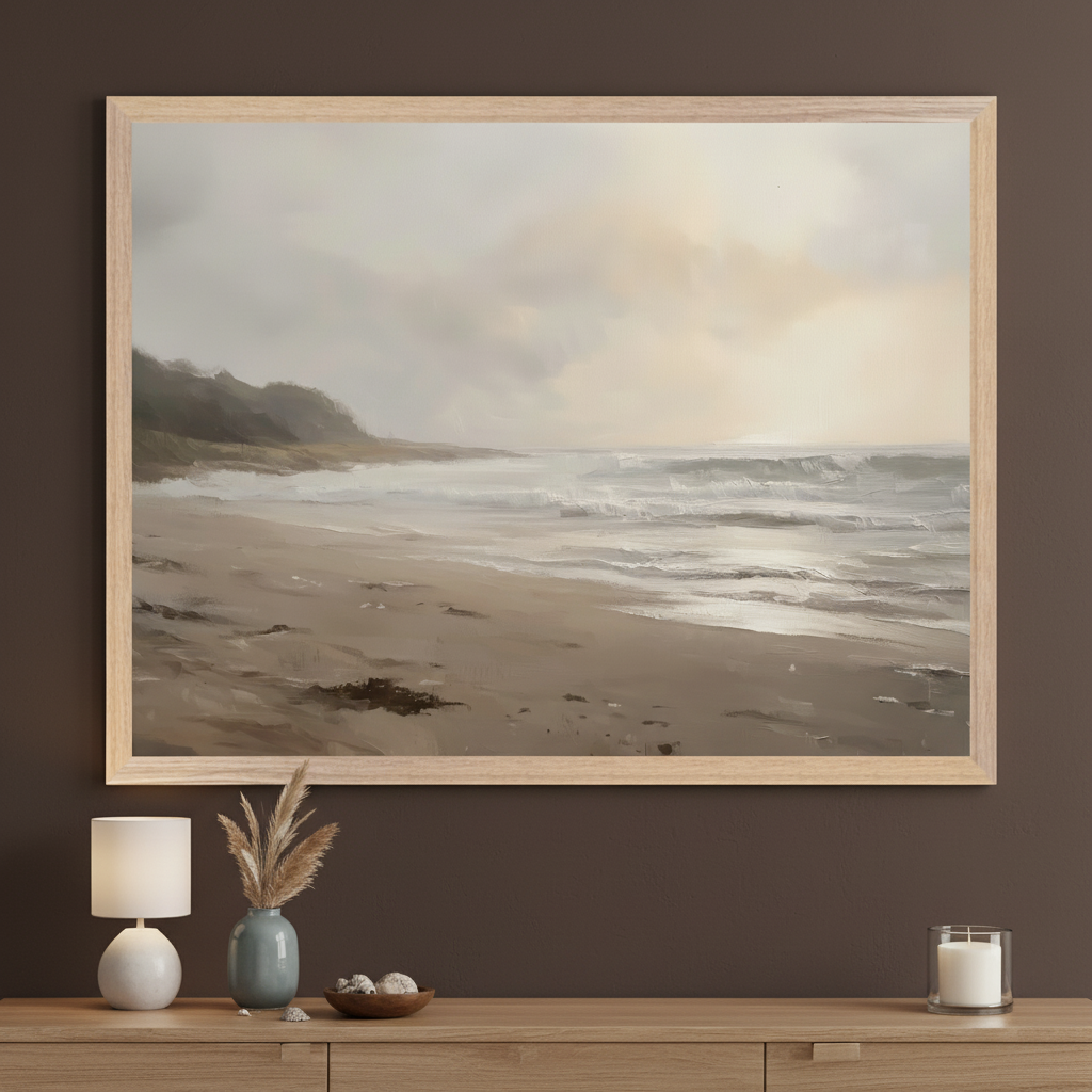 Living room with a wooden console table against a dark brown wall. A large framed painterly artwork depicting a muted beach scene with waves and a cloudy sky hangs above the table. A lamp, vase with pampas grass, and a candle are on the table.